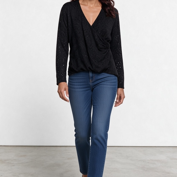 Jones New York Black Lace Wrap Top Size L Long Sleeve V-Neck