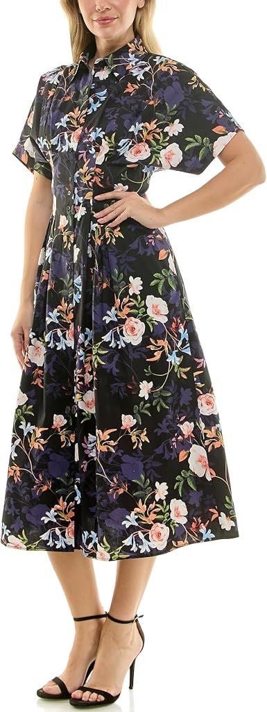 Nicole Miller Midi Shirtdress Size 12 Black Floral Print Pintuck Waist 2