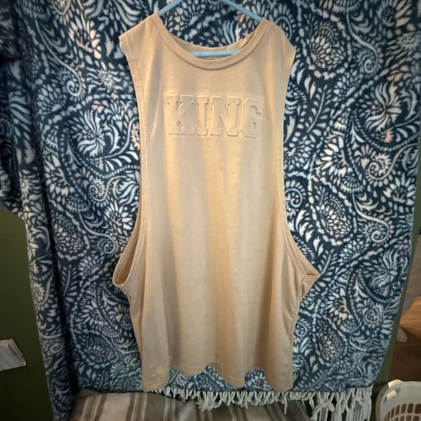 Unbranded King Embroidered Tank Top Beige Sleeveless Muscle Tee