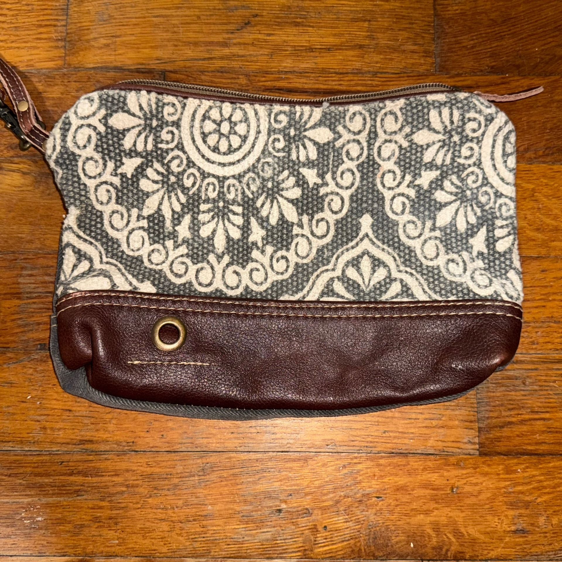 Myra Bag Canvas Wristlet Pouch with Leather Trim and Zipper Closure 2