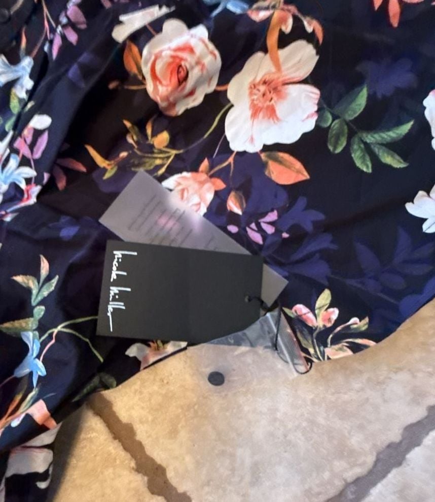 Nicole Miller Midi Shirtdress Size 12 Black Floral Print Pintuck Waist 5