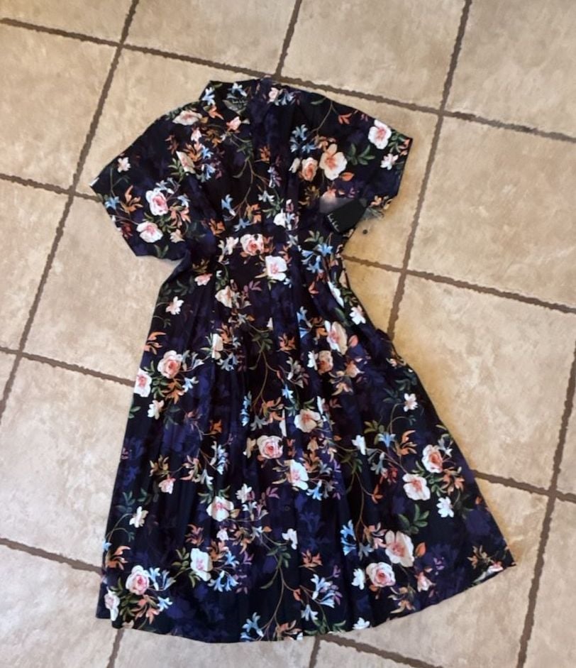 Nicole Miller Midi Shirtdress Size 12 Black Floral Print Pintuck Waist 4