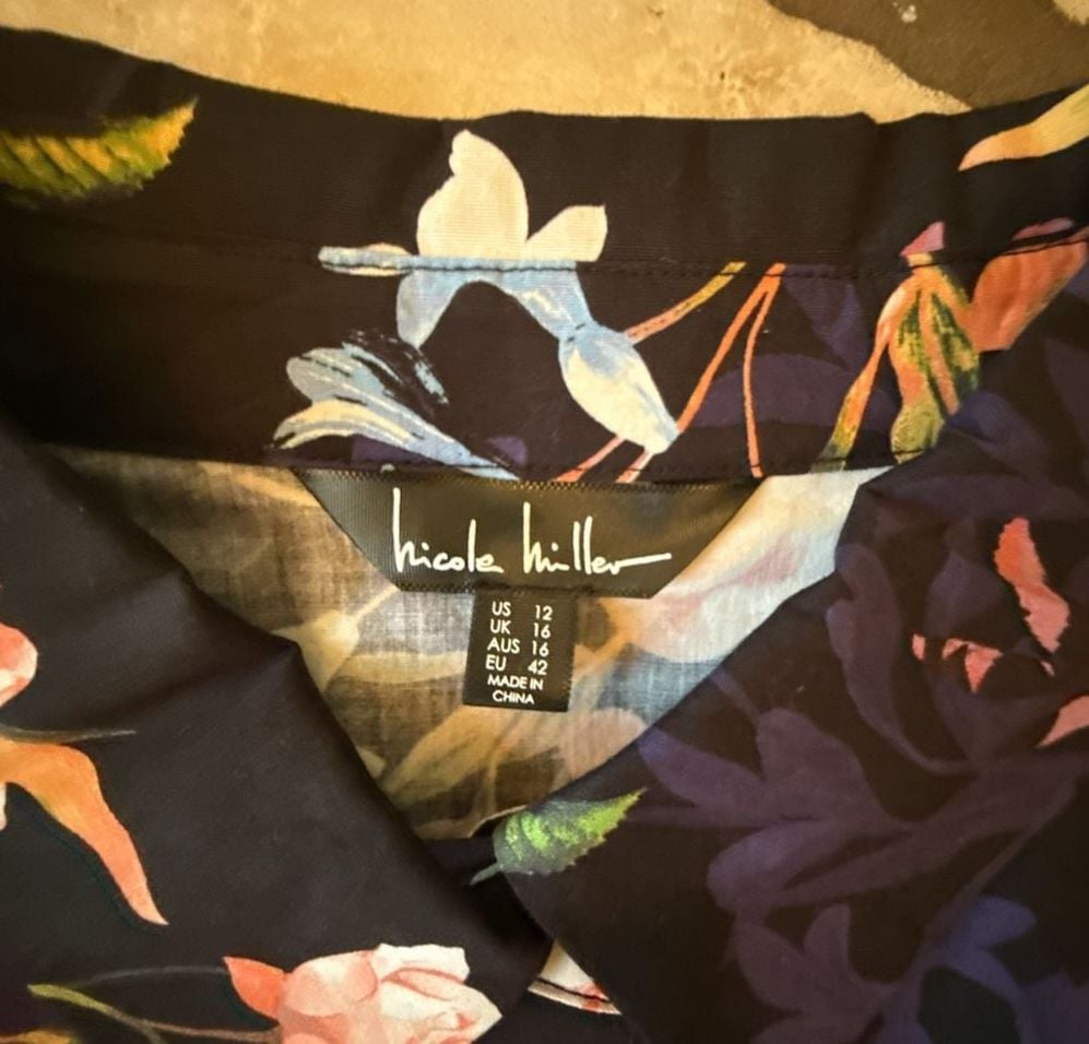Nicole Miller Midi Shirtdress Size 12 Black Floral Print Pintuck Waist 6