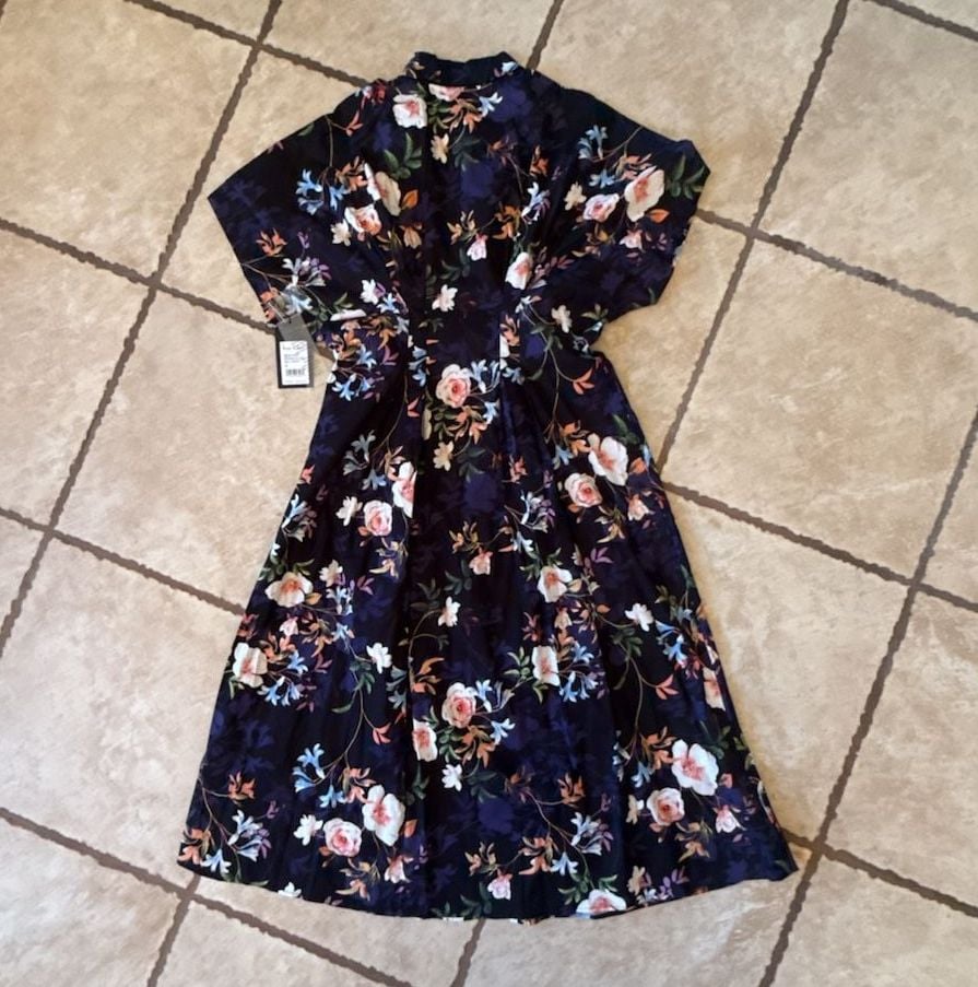 Nicole Miller Midi Shirtdress Size 12 Black Floral Print Pintuck Waist 8