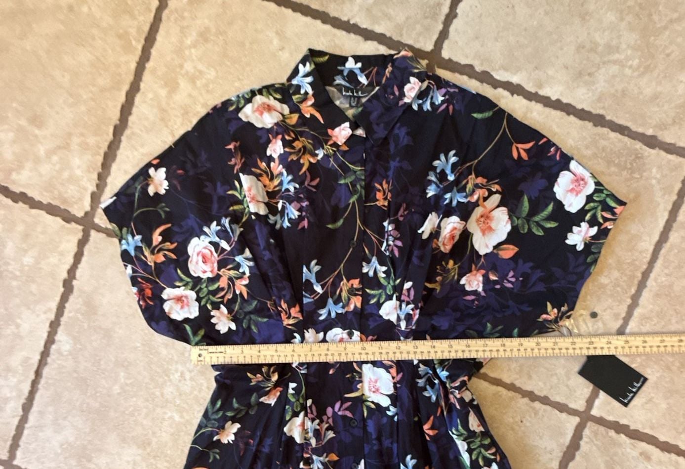 Nicole Miller Midi Shirtdress Size 12 Black Floral Print Pintuck Waist 7