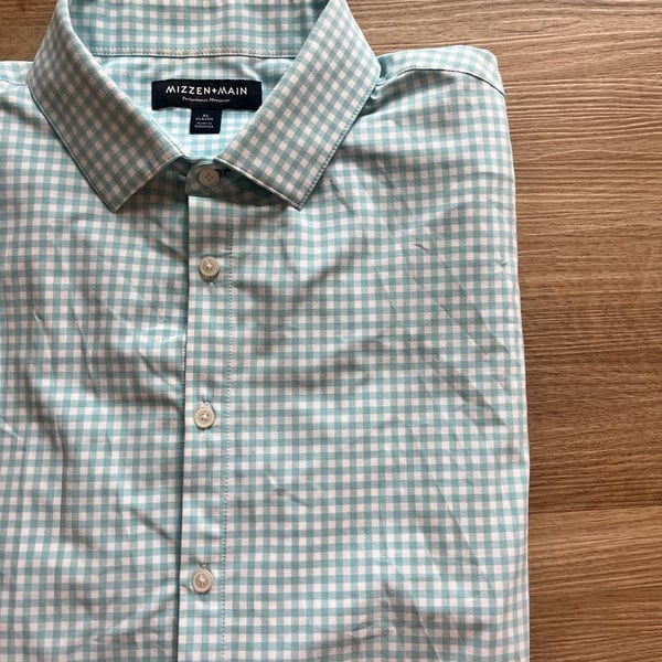 Mizzen+Main, Performance Menswear, Baby Blue Gingham Print Button Down,XL