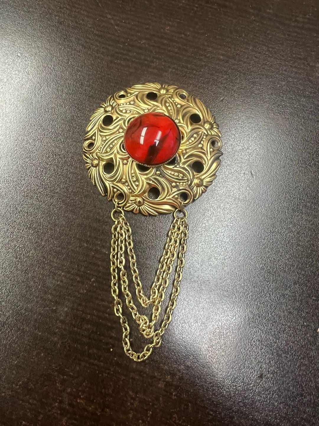 Vintage Brass Filigree Brooch with Red Cabochon and Chain Drape 2