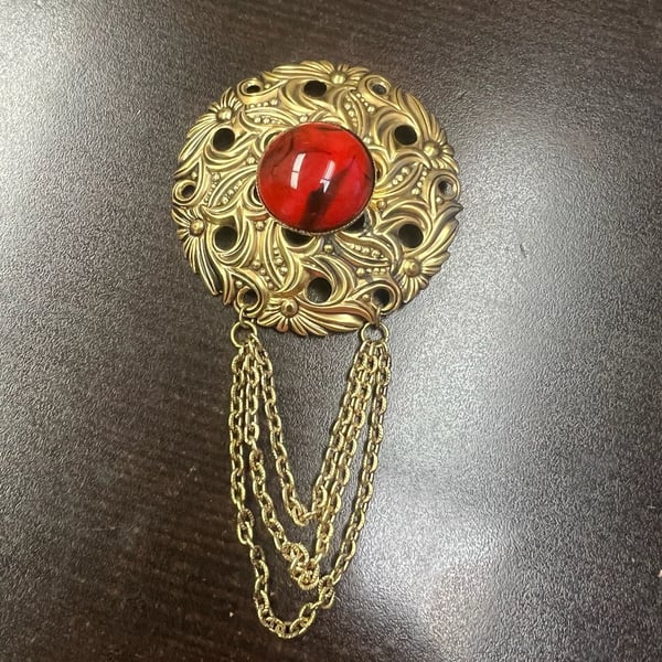 Vintage Brass Filigree Brooch with Red Cabochon and Chain Drape
