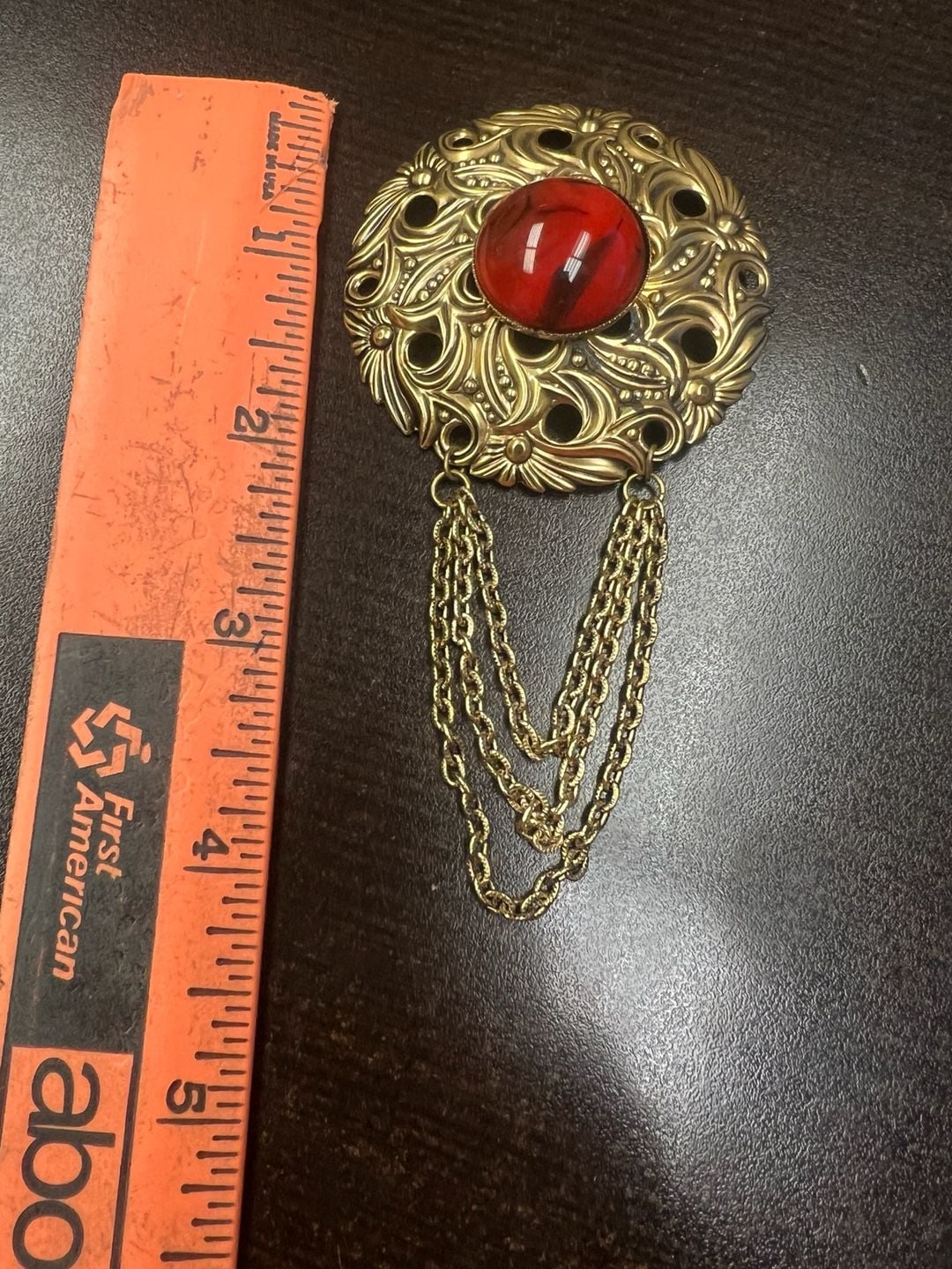 Vintage Brass Filigree Brooch with Red Cabochon and Chain Drape 3
