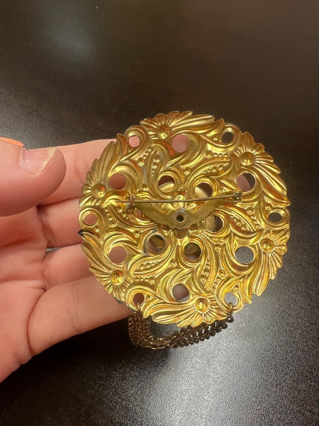 Vintage Brass Filigree Brooch with Red Cabochon and Chain Drape 4