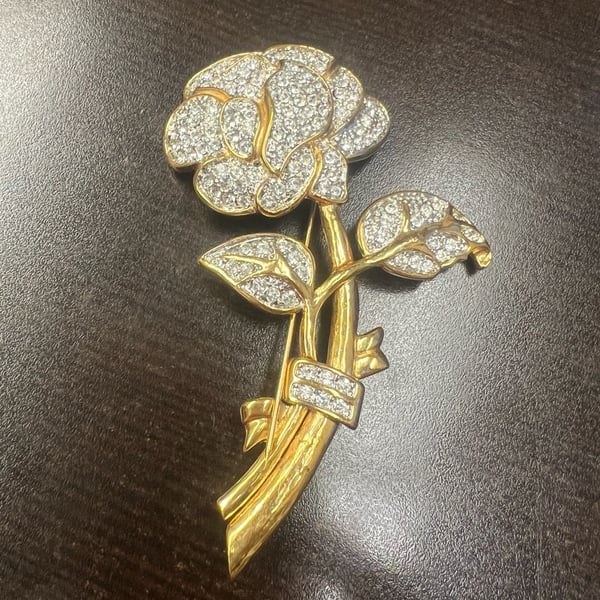VTG Signed Nolan Miller ROSE Pin Brooch Pave Rhinestones Gold Plated 3.5” Long