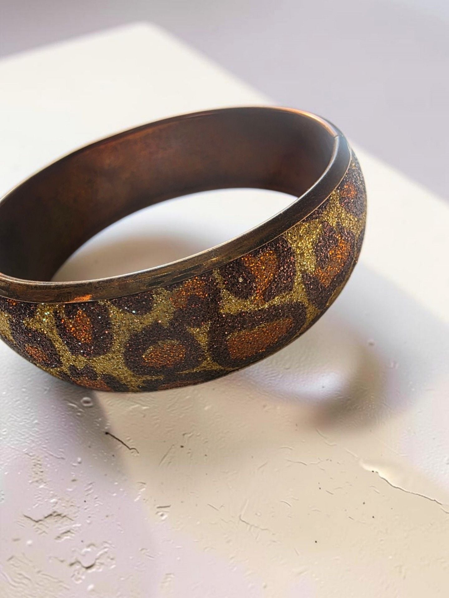 Vintage Animal Print Glitter Bangle Bracelet Gold Brown Leopard 2