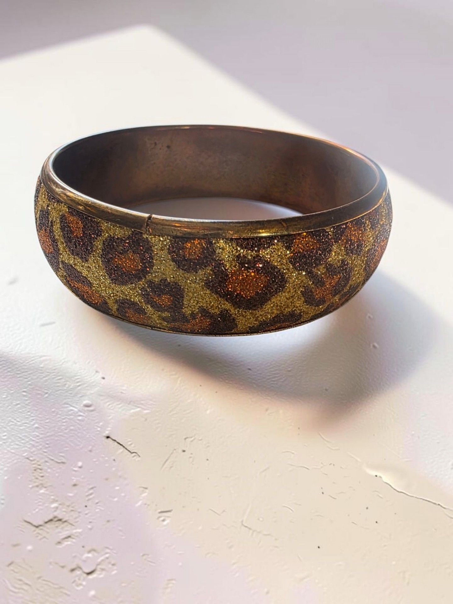 Vintage Animal Print Glitter Bangle Bracelet Gold Brown Leopard 3