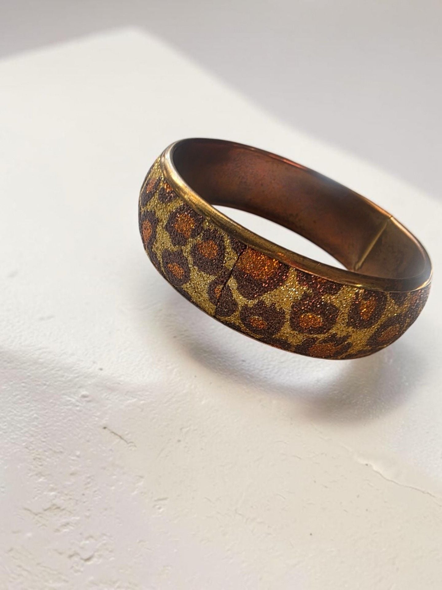 Vintage Animal Print Glitter Bangle Bracelet Gold Brown Leopard 5