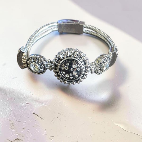 Silver Tone Crystal Snap Charm Bracelet with Snake Chain and Toggle Clasp