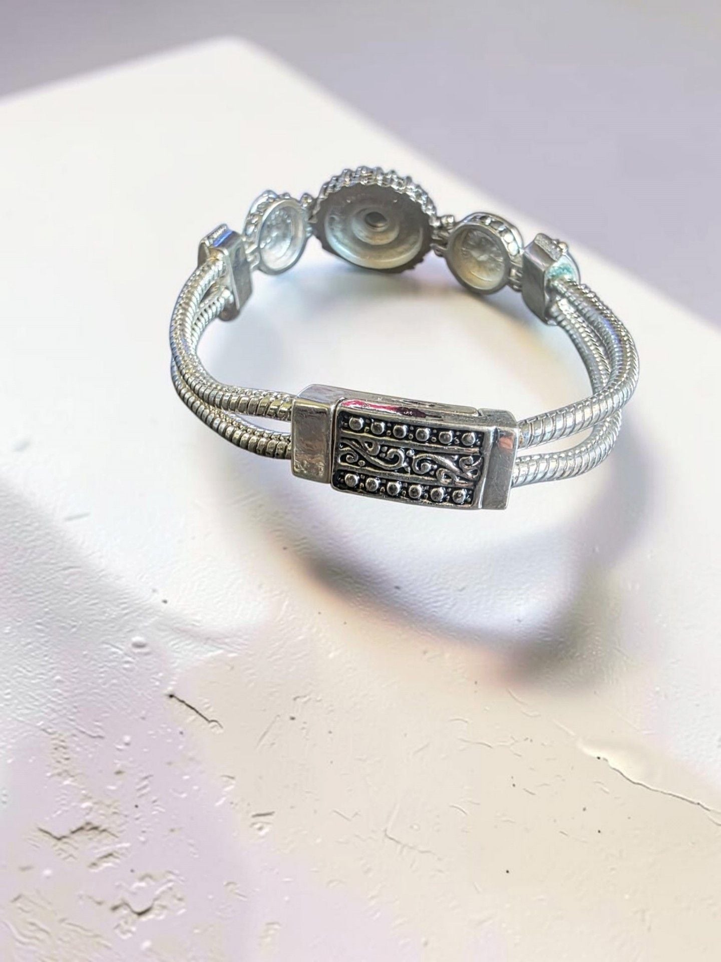 Silver Tone Crystal Snap Charm Bracelet with Snake Chain and Toggle Clasp 4