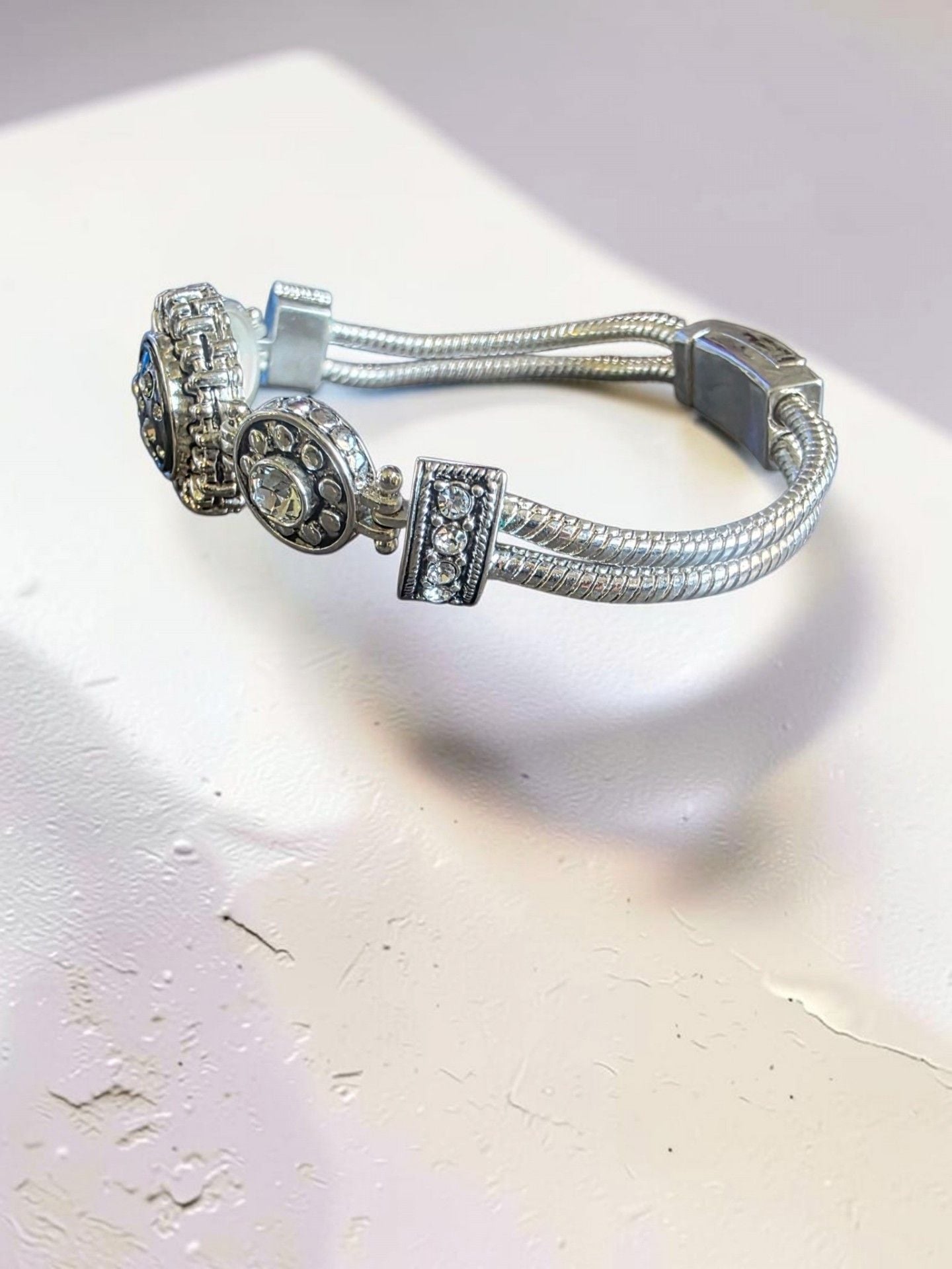 Silver Tone Crystal Snap Charm Bracelet with Snake Chain and Toggle Clasp 5