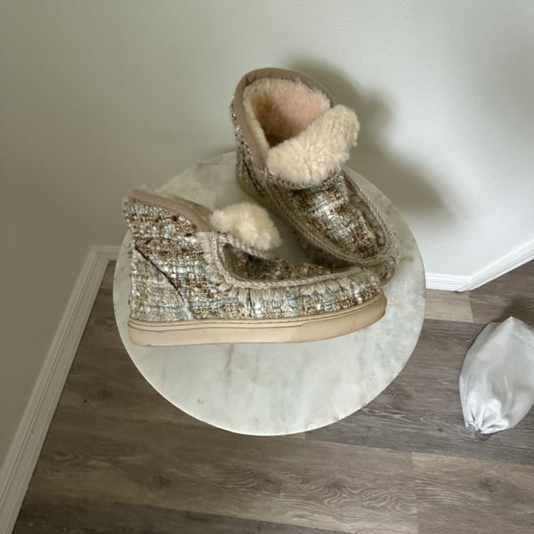 Mou Tweed and Faux Fur Slipper Boots Size 7.5