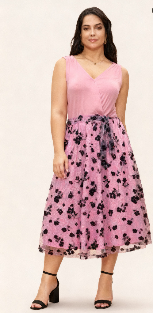 BloomChic Plus Size 14-16 1X Pink Floral Mesh Tank Dress Pockets & Belt 2