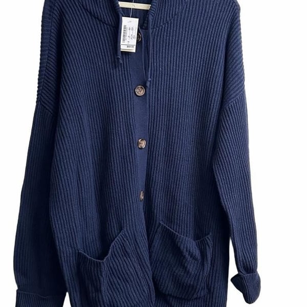 CJ Banks Cardigan Sweater Size 1X Blue Ribbed Knit Hooded Button Pockets