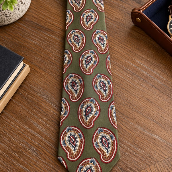 Brookwood Silk Tie Green Paisley 100% Silk Made in USA