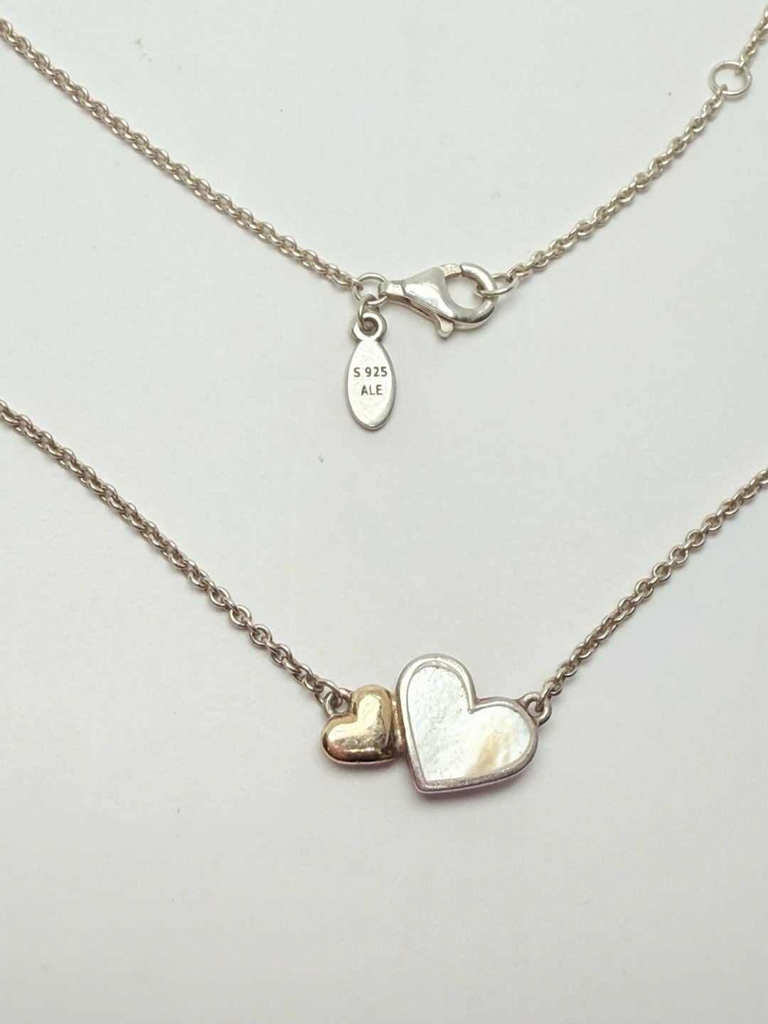 Pandora S 925 ALE Double Heart Mother of Pearl Sterling Silver Necklace 2
