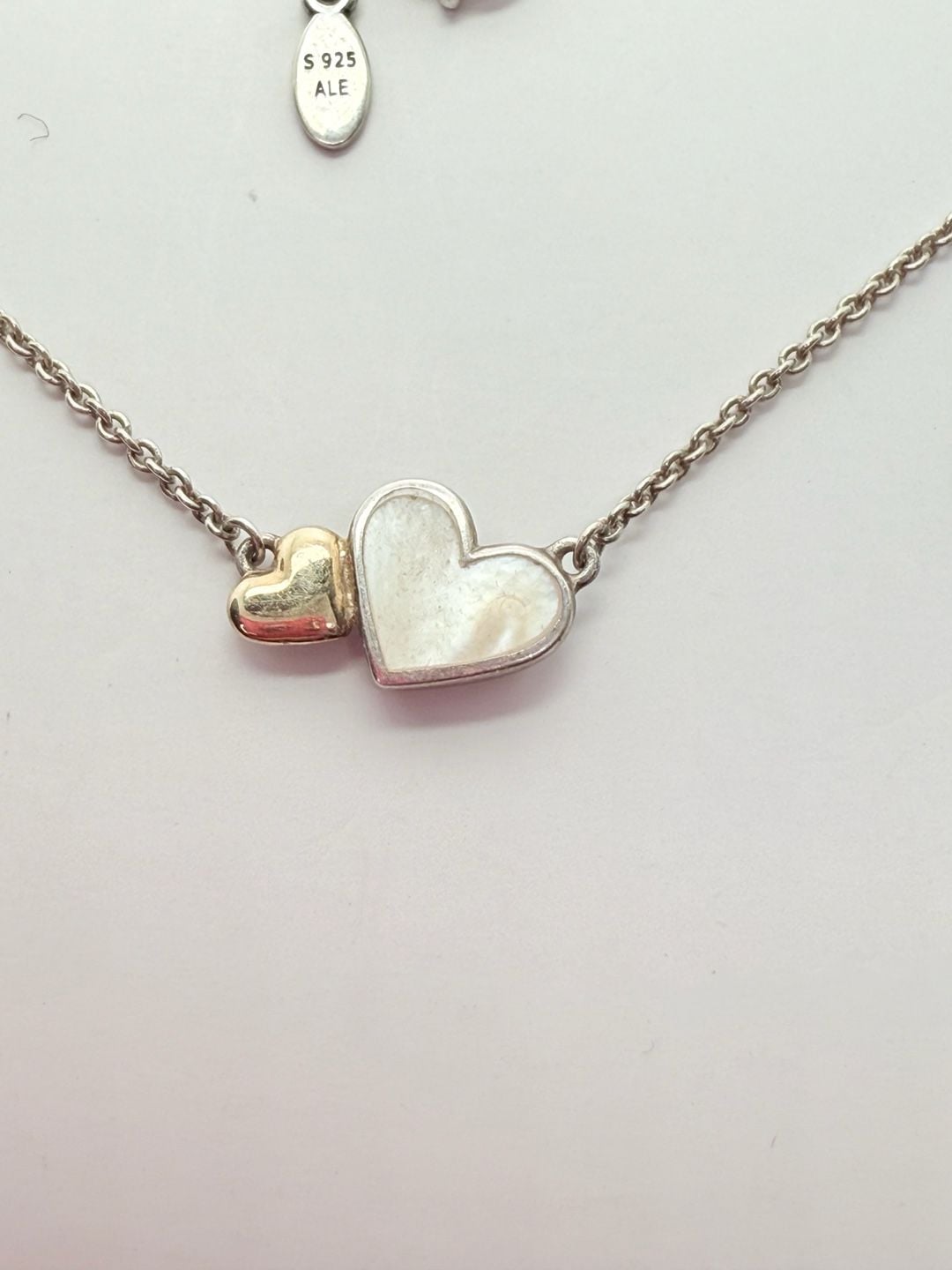 Pandora S 925 ALE Double Heart Mother of Pearl Sterling Silver Necklace 3