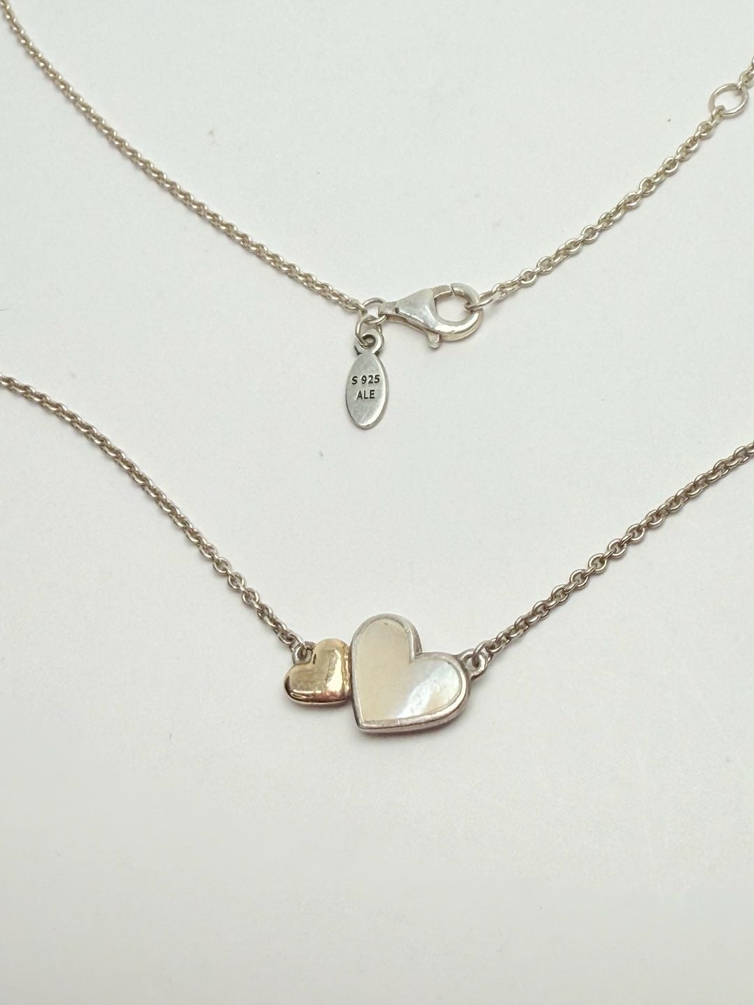 Pandora S 925 ALE Double Heart Mother of Pearl Sterling Silver Necklace 9