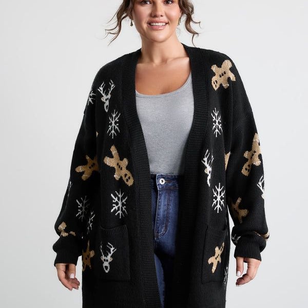 BloomChic Plus Size 4x 26 Gingerbread Holiday Jacquard Pockets Cardigan Sweater