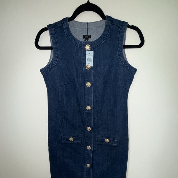 Ann Taylor Factory Petite Denim Dress Size XXS Blue Sleeveless Button Front