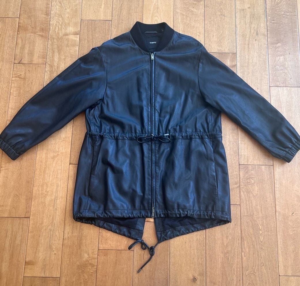 Theory Leather Jacket Size M Black Drawstring Parka 2