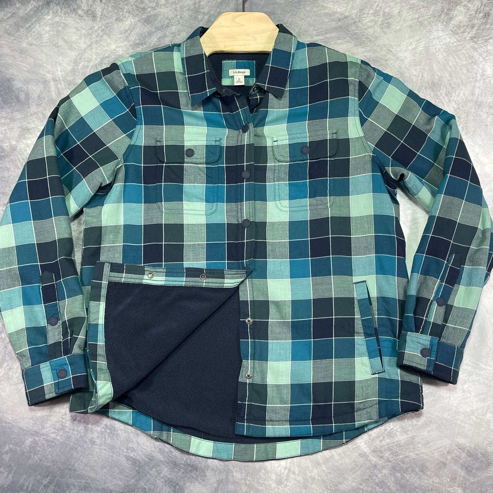 L.L.Bean Plaid Fleece-Lined Shacket Size M Blue Green Checkered 3