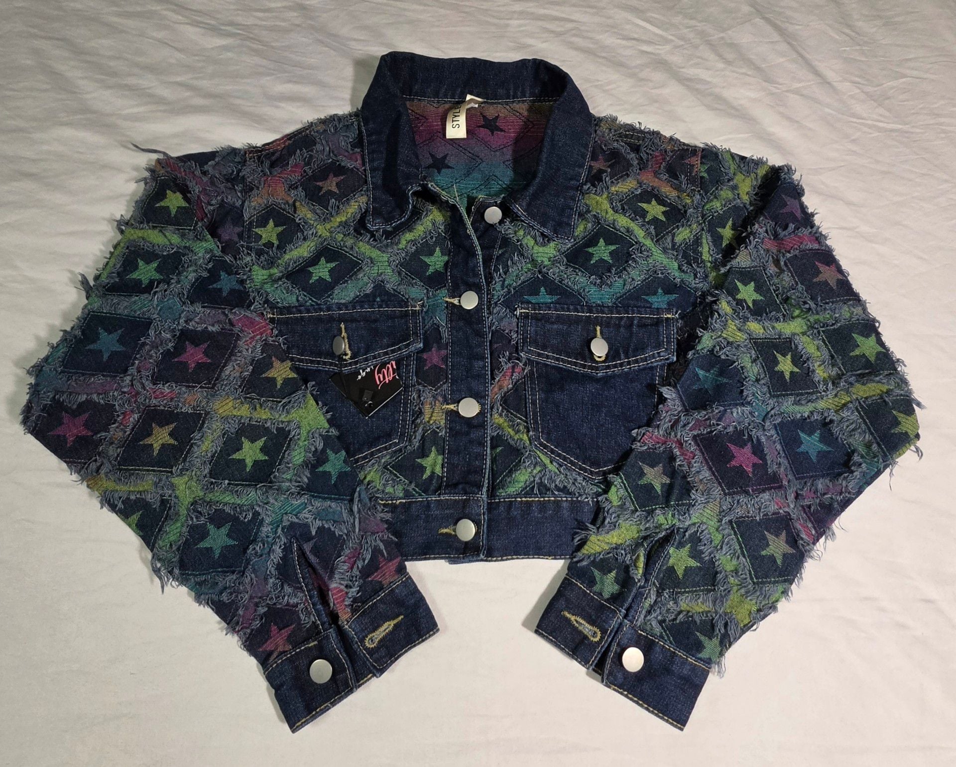 Style Usa Jean Jacket Size S/M Multi Star Distressed Cropped Denim 2