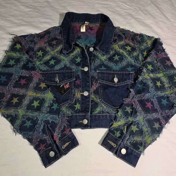 Style Usa Jean Jacket Size S/M Multi Star Distressed Cropped Denim