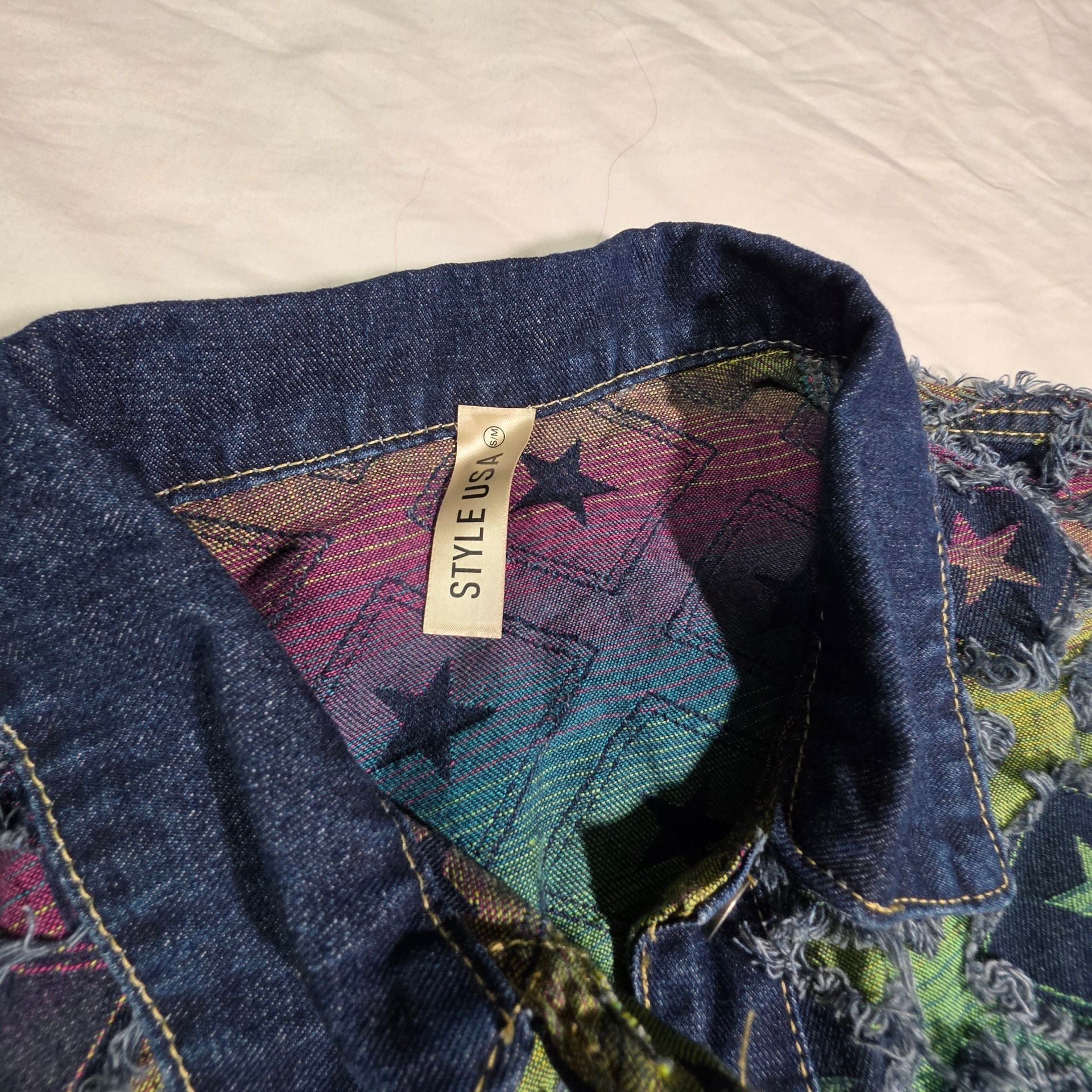 Style Usa Jean Jacket Size S/M Multi Star Distressed Cropped Denim 4