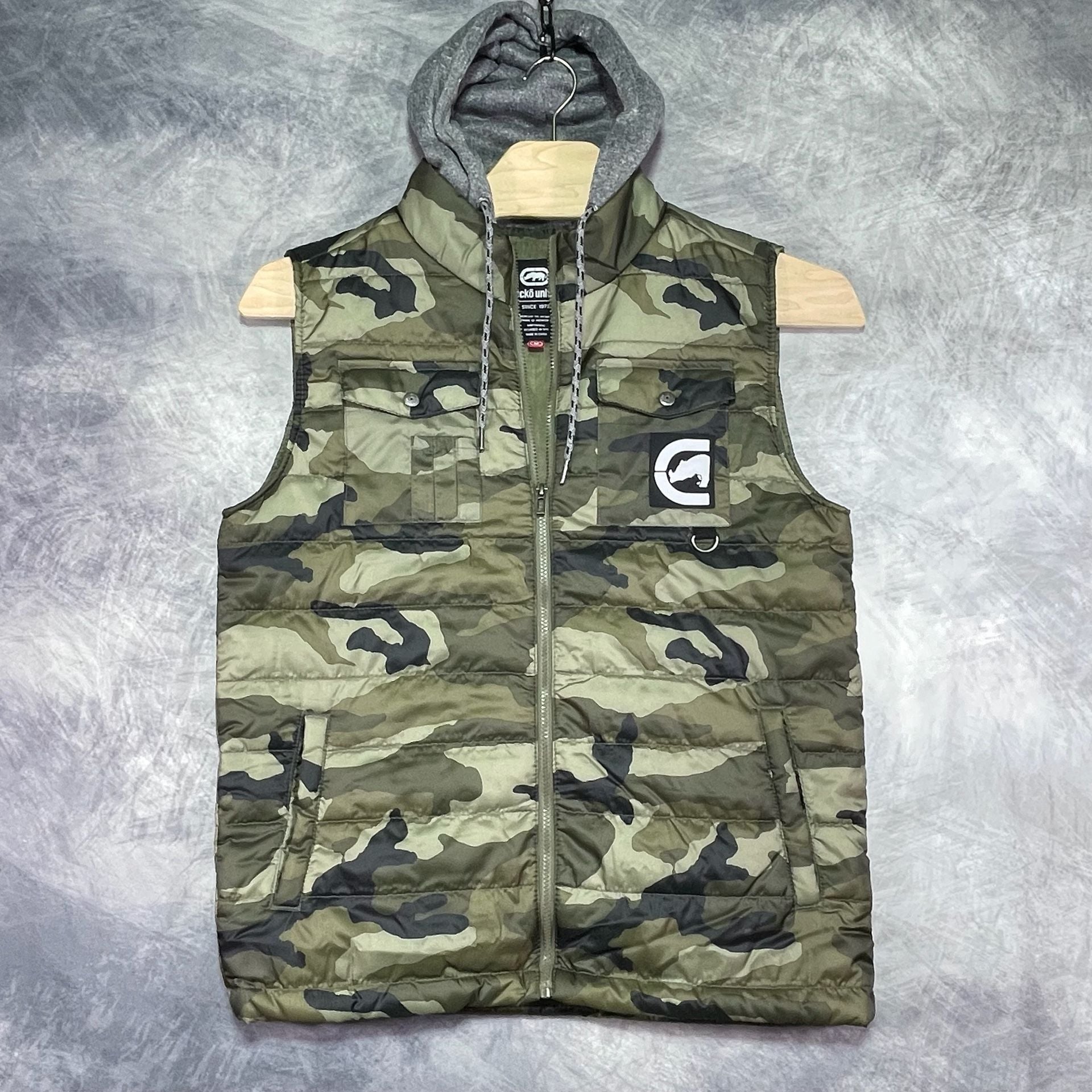 Ecko Unlimited Camo Puffer Vest Hoodie Size M Green Camouflage Full Zip Hooded 3