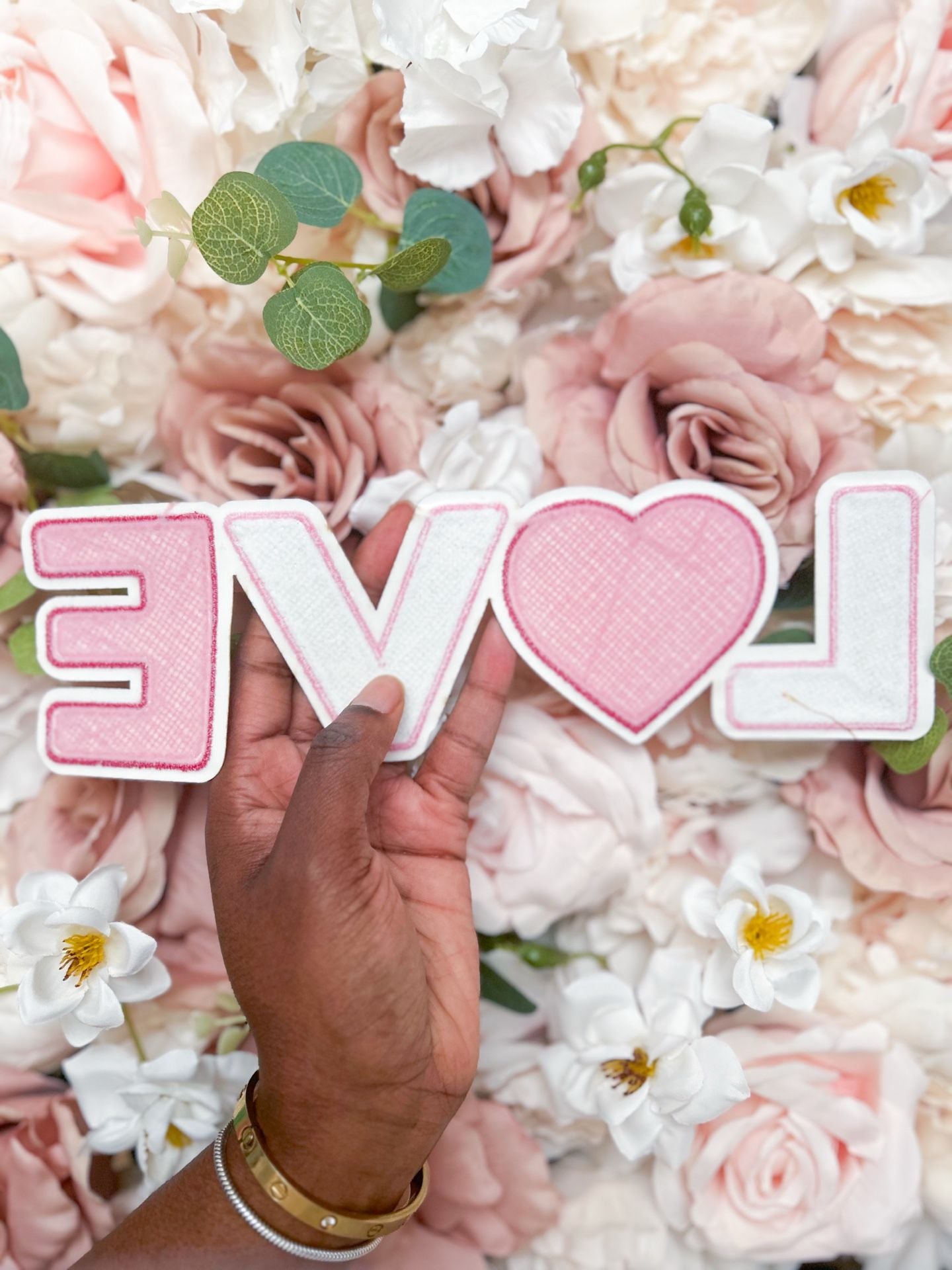 Love Letter Chenille Patch Pink White Gold Glitter 3