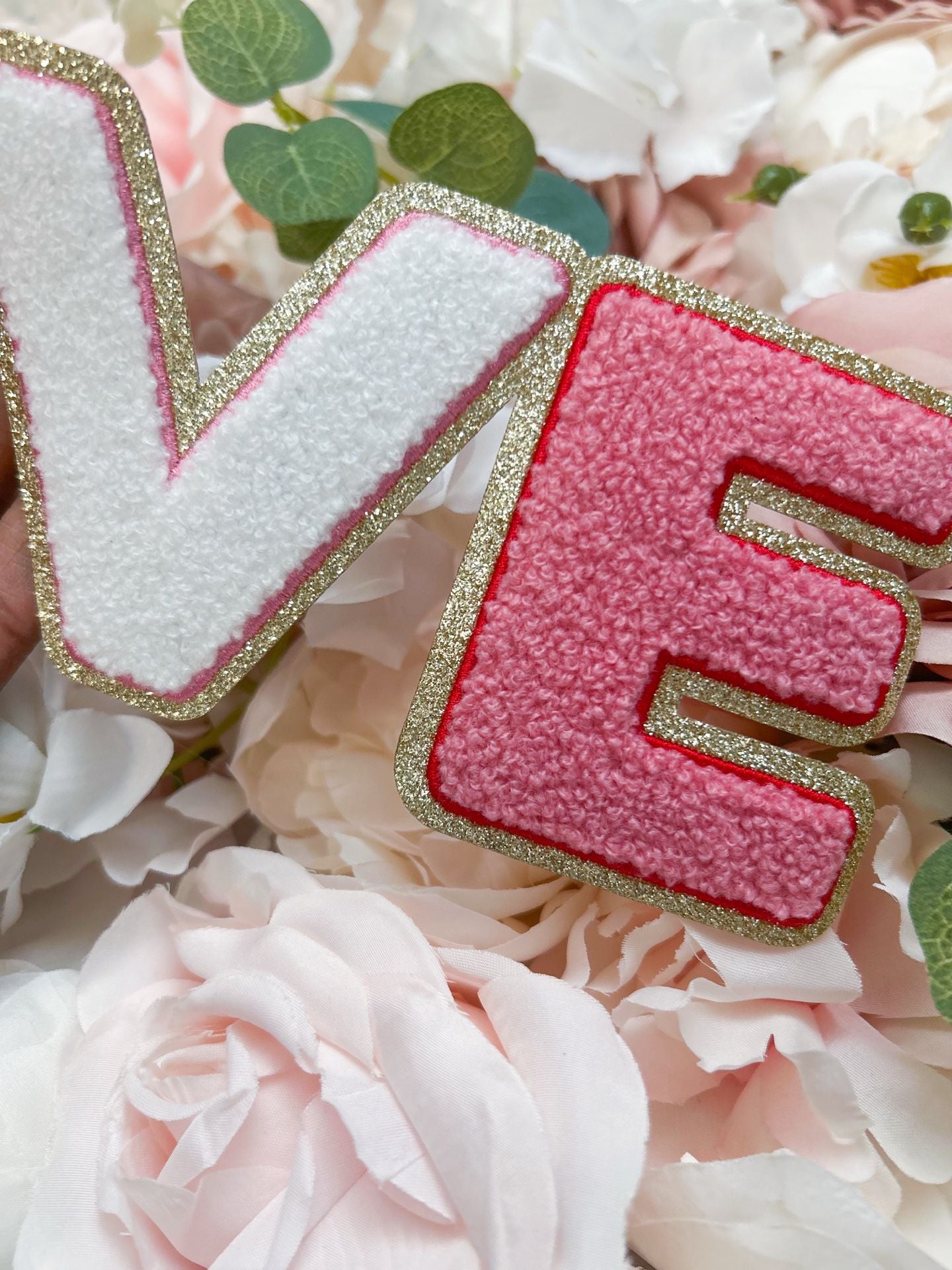 Love Letter Chenille Patch Pink White Gold Glitter 4