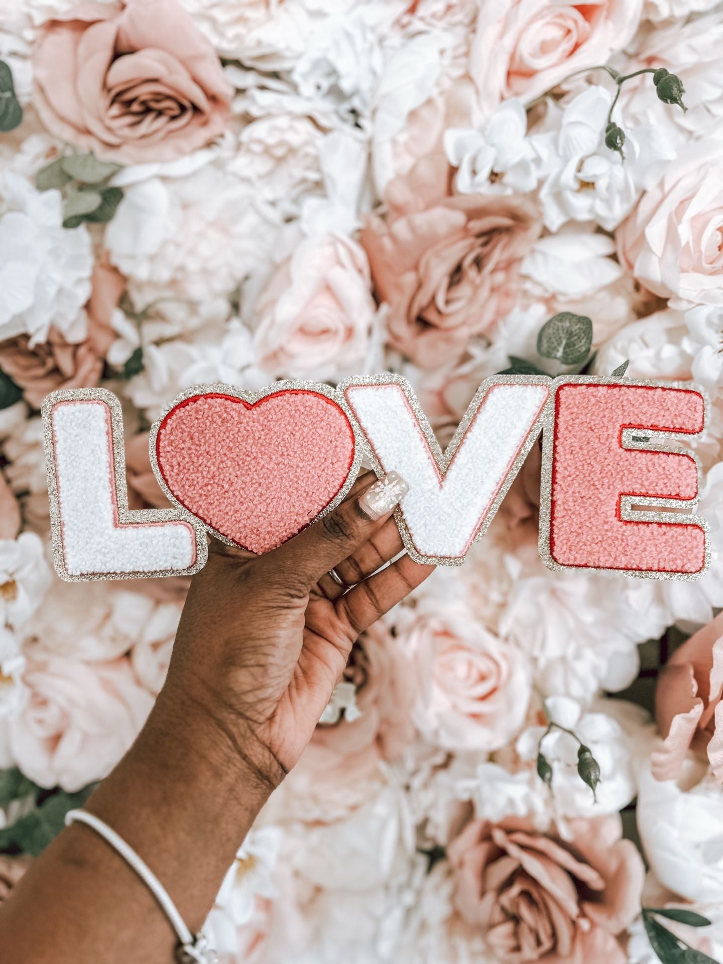 Love Letter Chenille Patch Pink White Gold Glitter 5
