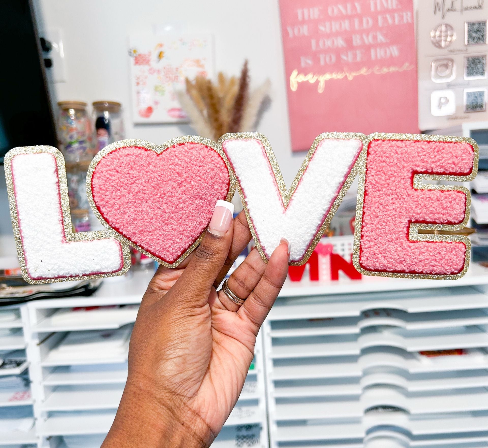 Love Letter Chenille Patch Pink White Gold Glitter 1
