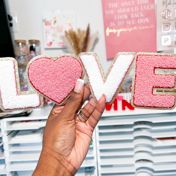 Love Letter Chenille Patch Pink White Gold Glitter