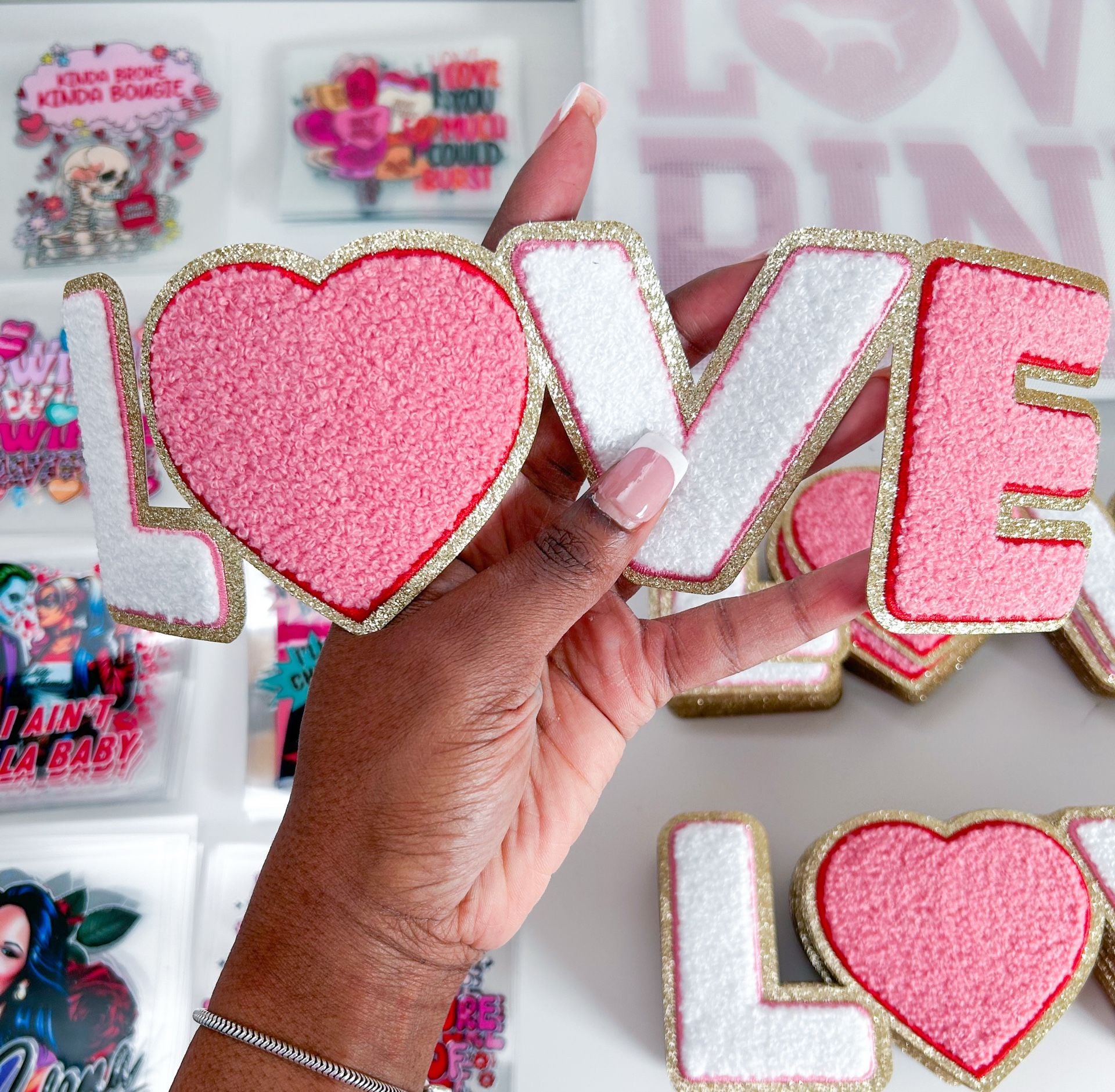 Love Letter Chenille Patch Pink White Gold Glitter 6
