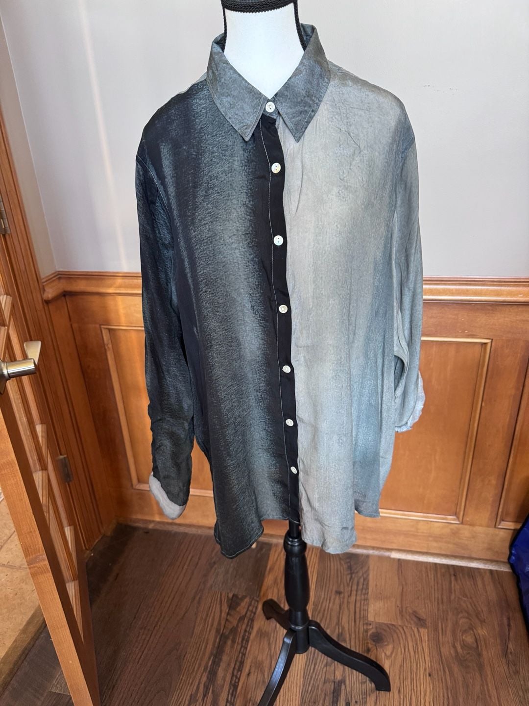 AP•NY XXL Cupro Viscose Color Block Button Down Shirt Black Gray 2