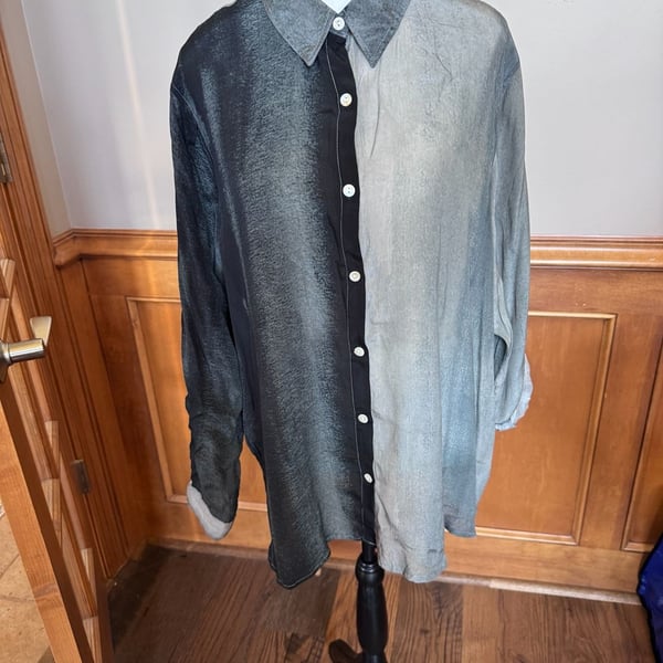 AP•NY XXL Cupro Viscose Color Block Button Down Shirt Black Gray