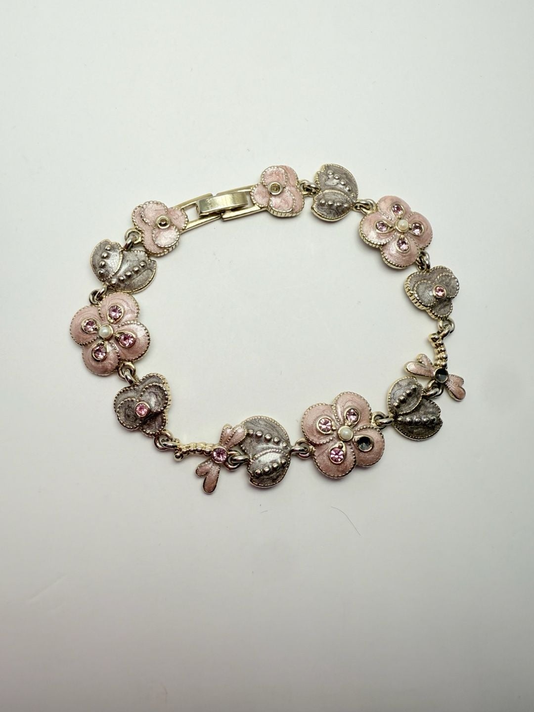 Monet Flower Butterfly Charm Bracelet Pink Enamel Rhinestone Silver Tone 2