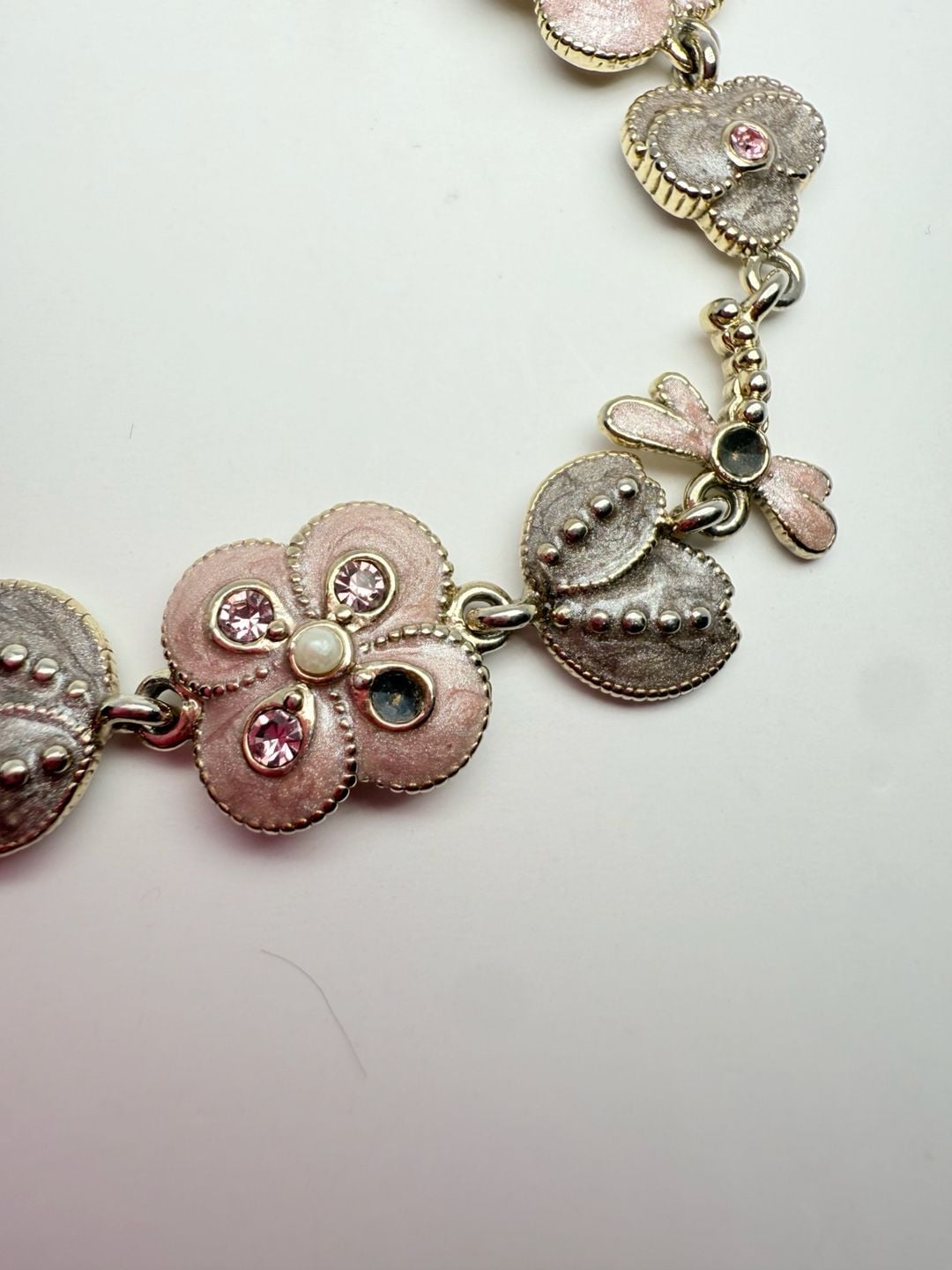 Monet Flower Butterfly Charm Bracelet Pink Enamel Rhinestone Silver Tone 3