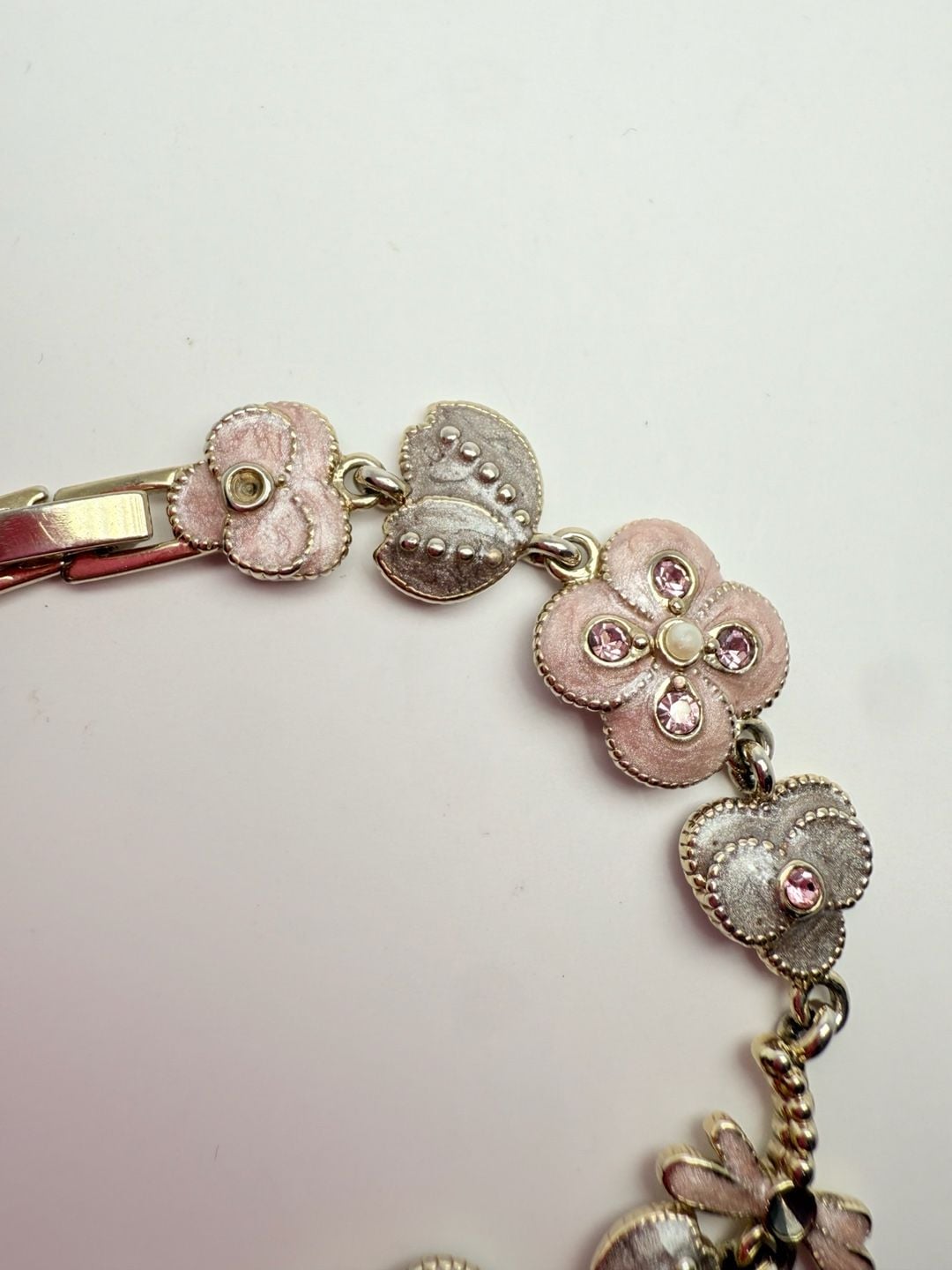 Monet Flower Butterfly Charm Bracelet Pink Enamel Rhinestone Silver Tone 4