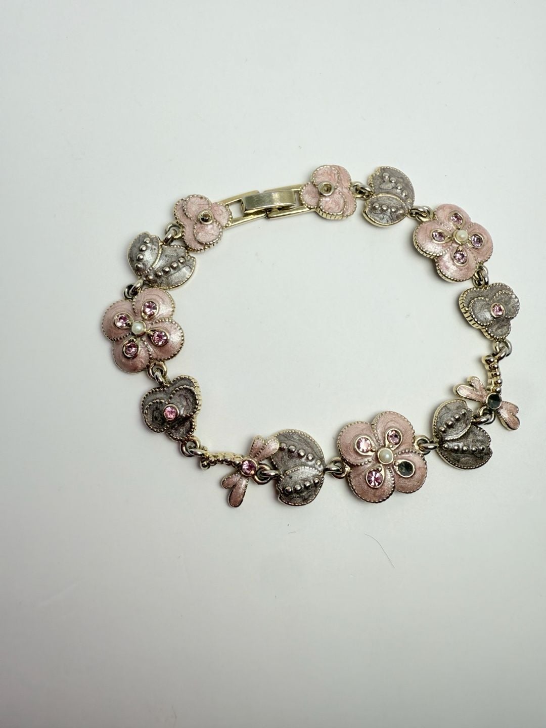 Monet Flower Butterfly Charm Bracelet Pink Enamel Rhinestone Silver Tone 6