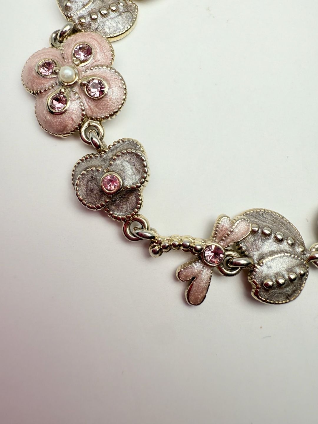 Monet Flower Butterfly Charm Bracelet Pink Enamel Rhinestone Silver Tone 7