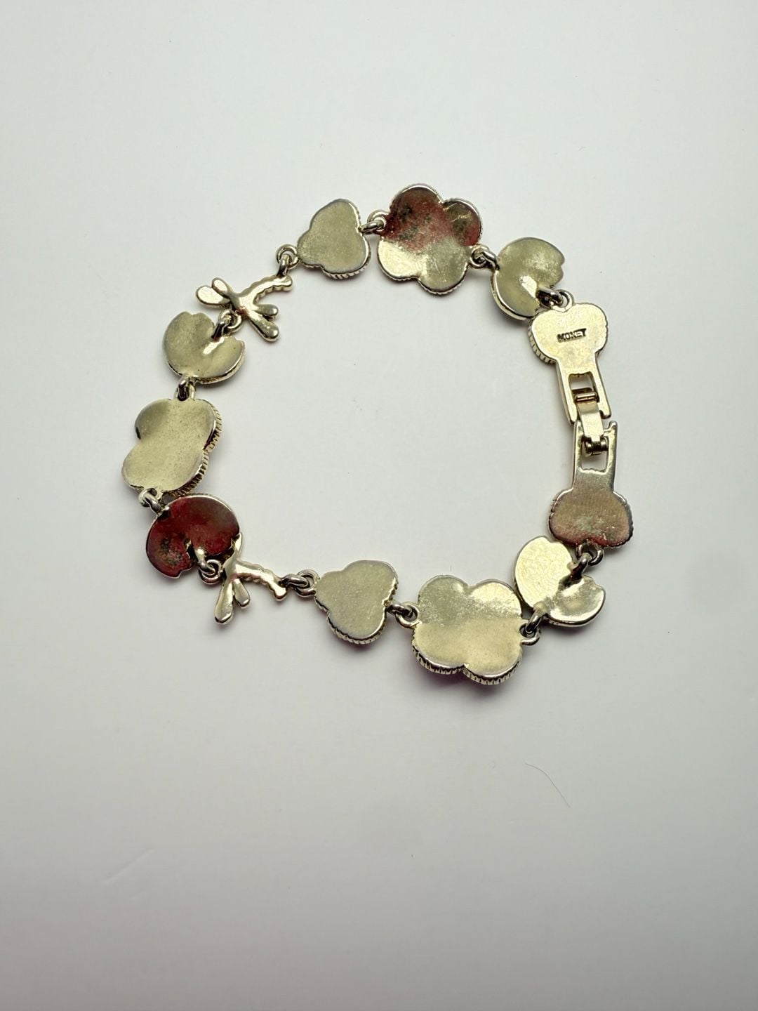 Monet Flower Butterfly Charm Bracelet Pink Enamel Rhinestone Silver Tone 8